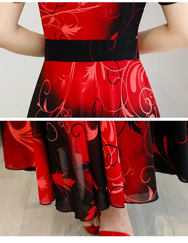 

Short sleeve printed chiffon dress summer 2021 new Korean version of large size women over the knee slim popular long skirt