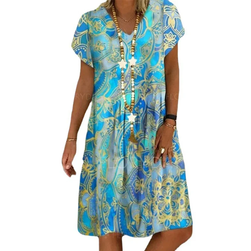 

Summer New V-neck Print Short Skirts Temperament Commuter Short Sleeve Dress Casual Loose Plus Size Dress Vintage Beach Dress
