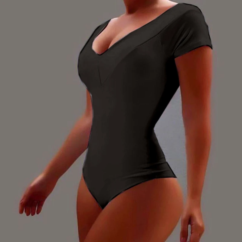

2021 Summer Casual Short Sleeve V-neck Plus Size Jumpsuit Women's Solid Color Sexy Lingerie Bodysuits Simple Ladies Rompers