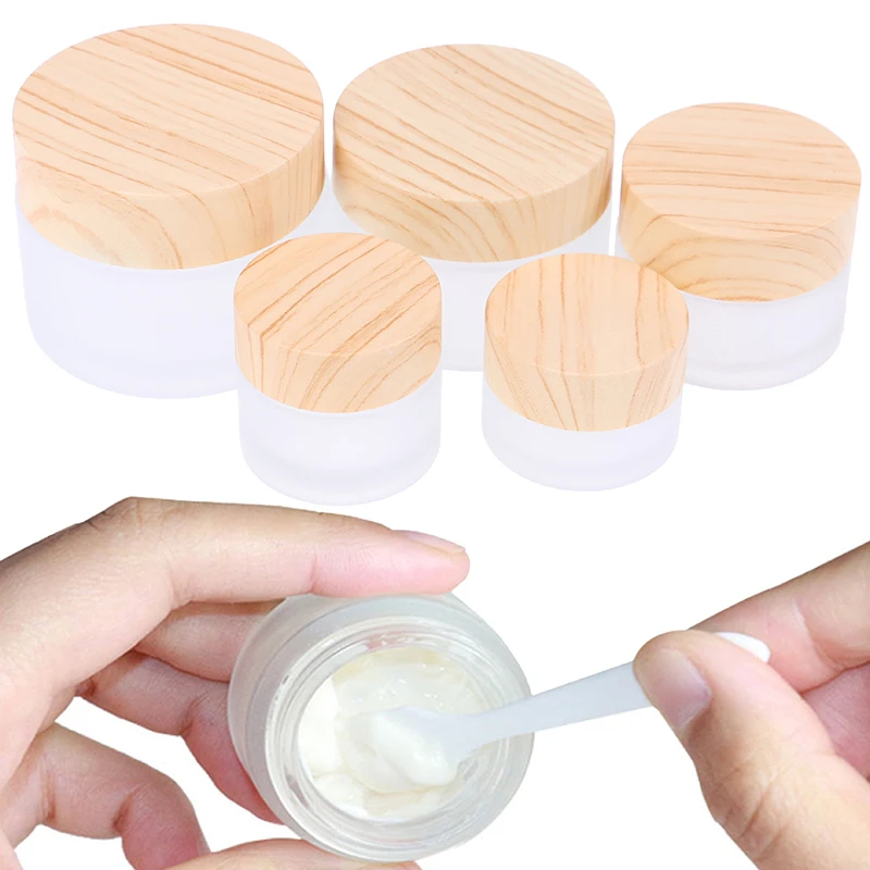 1PCS 5g 10g 15g 30g 50g Frosted Glass Jar Skin Care Eye Cream Jars Pot Refillable Bottle Cosmetic Container With Wood Grain Lid 10pcs high quality 5g 10g 15g 20g 30g 50g gold white pink green acrylic cream jar empty cosmetic packing container free shipping