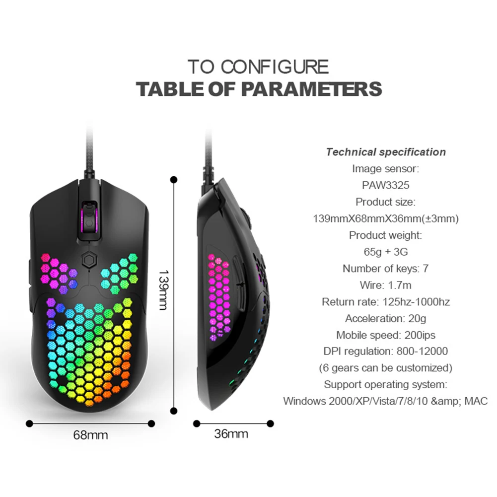 Проводная игровая мышь оптические компьютерные мыши RGB ячеистая поверхность 7