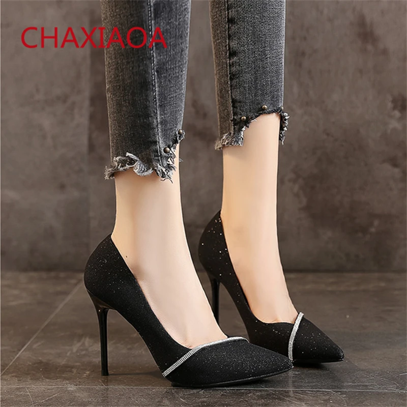 

CHAXIAOA Bling Glitter Women Pumps Pointed Toe Shallow Thin Heels Crystal Slip On Ladies Office Dress Shoes Woman High Heel Pump