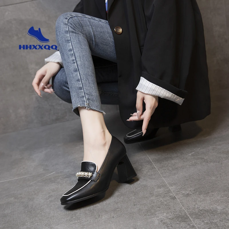 

2022 Spring New College Style Pearl High Heels Women Shoes Pumps Female French Ladies Square Head Black Heels Shoes Fashion