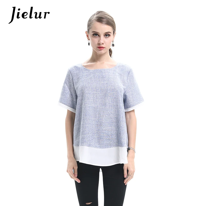 Jielur 2019 Летние шифоновые Лоскутные женские футболки с короткими рукавами новая
