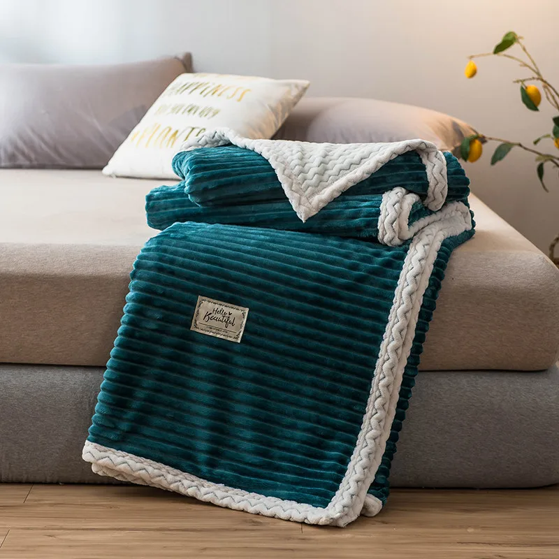 Синее фланелевое одеяло двустороннее мягкое флисовое покрывало в полоску для