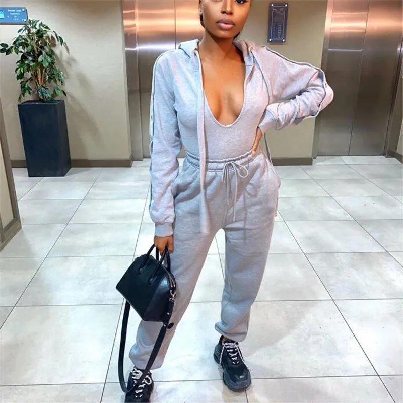 

2-pieces set women long sleeve U-neck sexy solid tops hoodies pants 2021 autumn female fashion casual sports sets ladies outfits