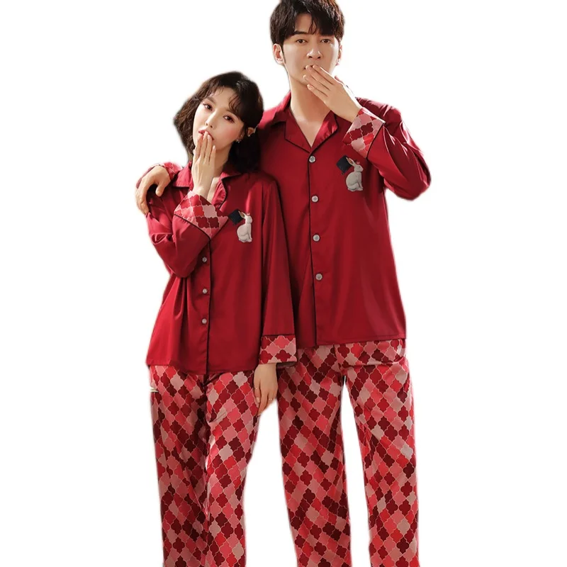 

Couple's Ice Pajamas Women's Spring and Autumn High-End Silk Wedding Bride Home Wear Japanese Anime Men's Suit Summer
