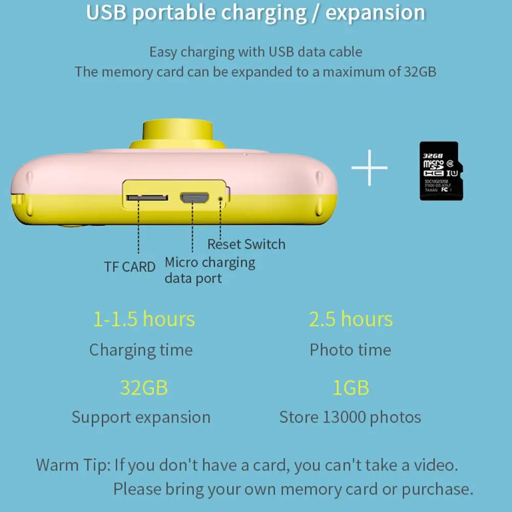 

Children Mini Digital HD 1080P Video Recording 1.2 Million Pixels 2 Inch IPS Screen Dual Camera for Kids Birthday Christmas Gift