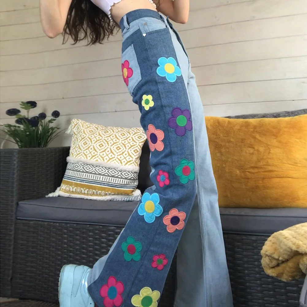 Джинсы YiYiMiYu с нашивками и вышивкой милые Лоскутные Джинсовые расклешенные брюки