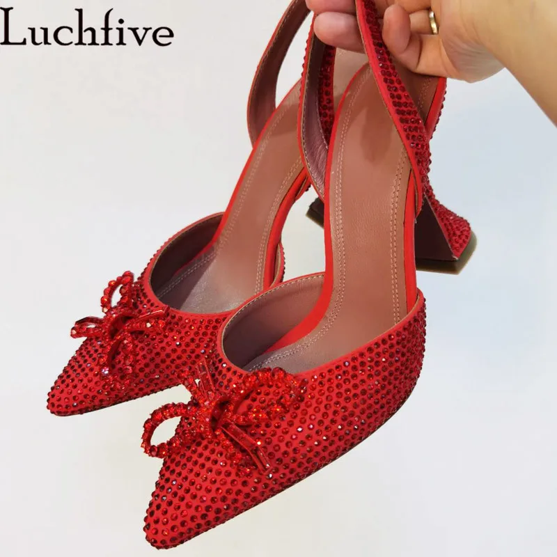 

2021 Summer Rhinestone High Heel Sandals Women Pointy toe Goblet heel Sandals Red Sexy Luxury Bride Wedding Shoes Mujer
