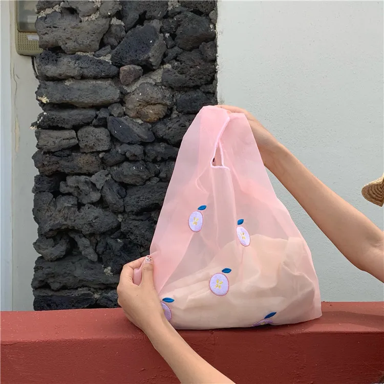

Women Transparent Tote Double Organza Yarn Cloth Bag Embroidery Flowers Handbag High Quality Eco Shopping Bag Purses For Girls