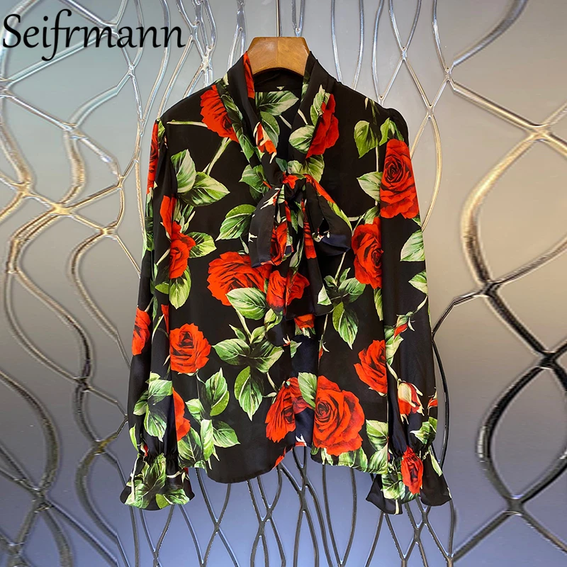 

Seifrmann New 2021 Autumn Women Fashion Runway Shirt Flare Sleeve Bow Single Breasted Print Blouses High Quality Real Silhirtk S
