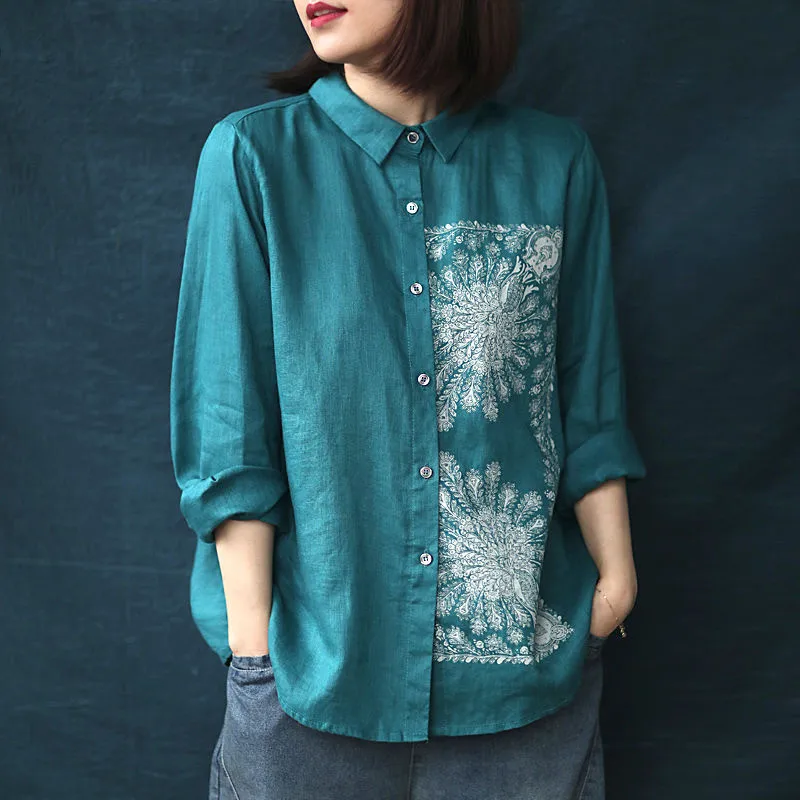

Women Spring Plus Size Cotton Linen Shirt Lady Vintage Style Print Autumn Long Sleeve Loose Casual Tops Female Blouses Shirts