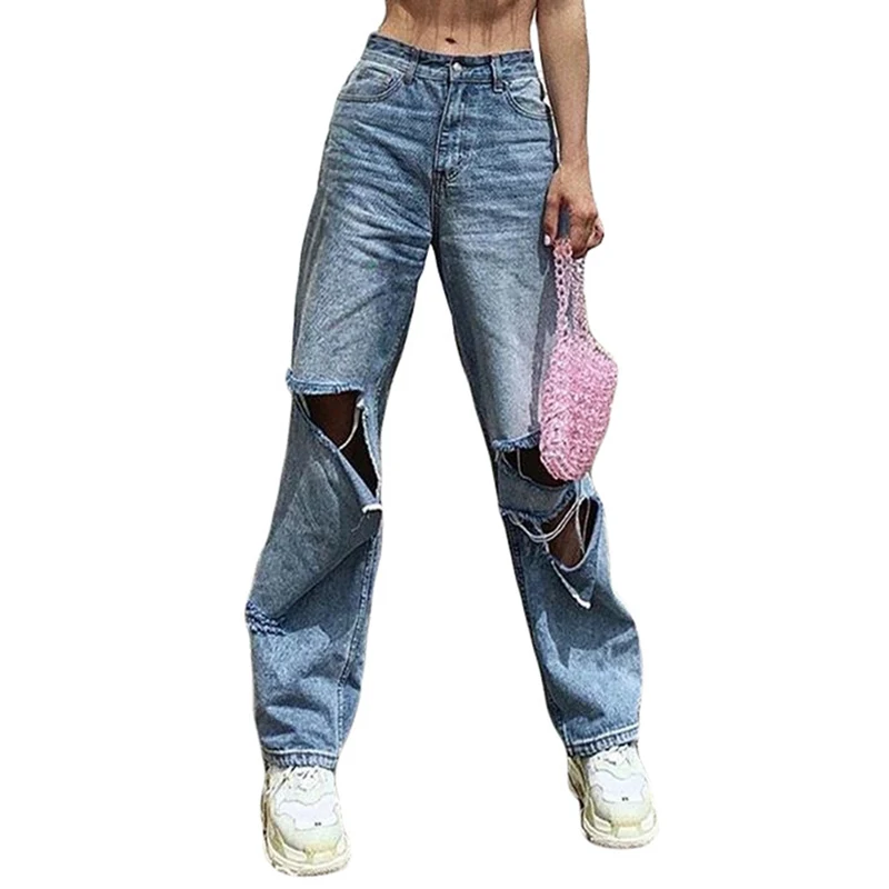 

High Waist Jeans Women Streetwear Straight Jean Loose Destroyed Hole Denim Mopping pants Casual Vintage Wide leg Jeans Trousers