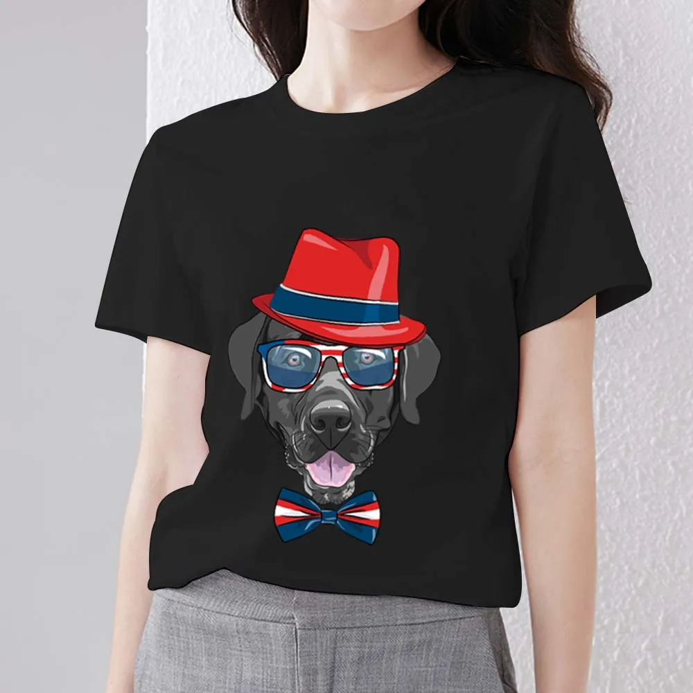 

Women's Tshirt Black Clothing Casual Basic Style Trendy Dog Pattern Print Commuter Soft Round Neck Ladies Polyester Short Sleeve
