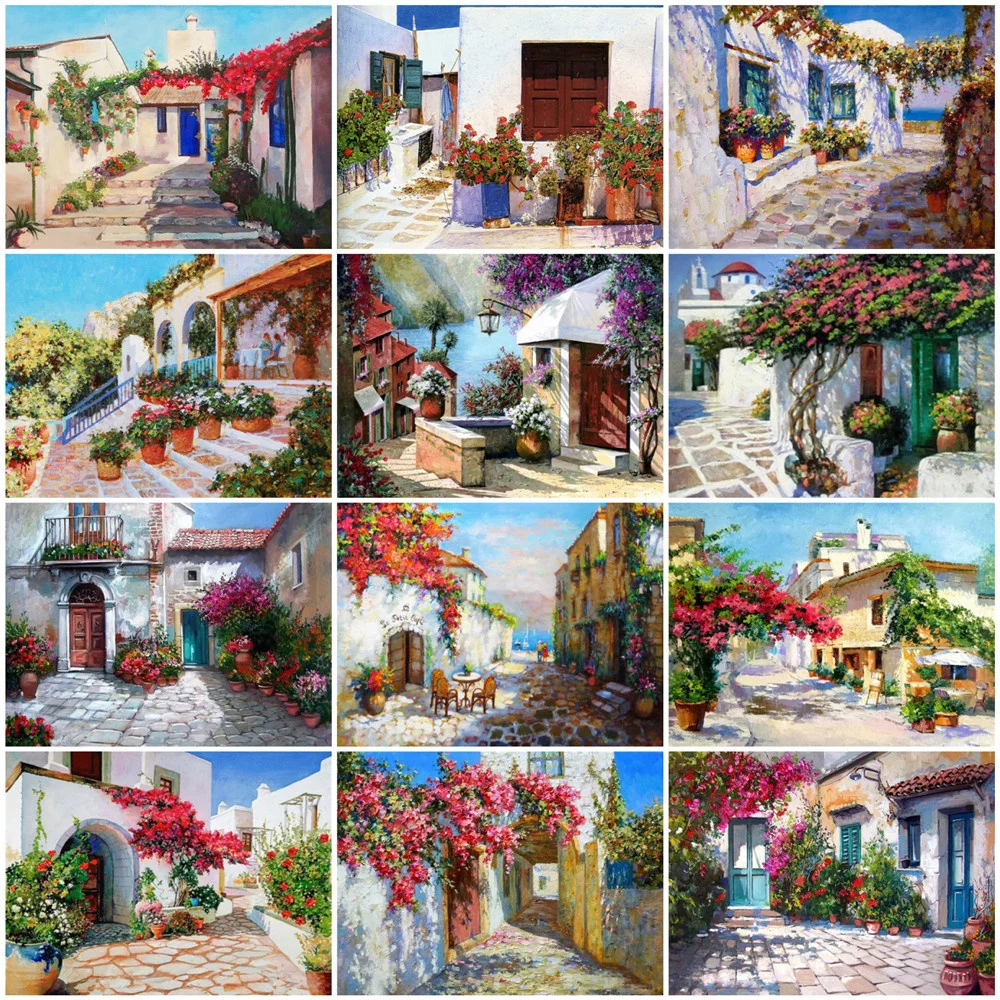 

HUACAN DIY Frame Picture By Numbers Street HandPainted Wall Art Paint By Number Seaside Landscape For Living Room