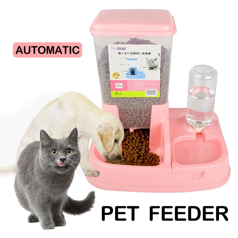 Multifunction 2In1 Pet Automatic Feeder Dispenser Dog Cat Drinking Feeding Bowl Dog Water Bottle Large Capacity Food Container