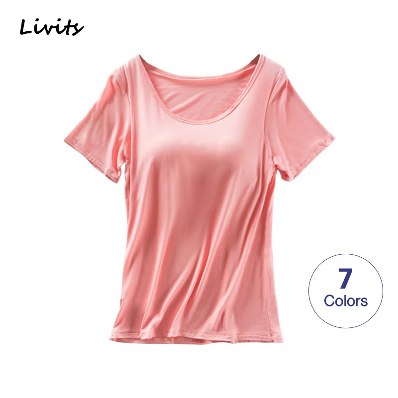 Women T-Shirts Built-in Bra Padded Stretchable Modal Tshirts Tops Short Sleeve Plain Sexy Casual Korean Summer SA0062 | Женская одежда