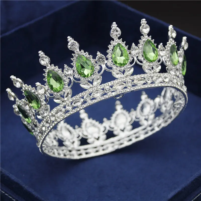 Silver light green Круглая Корона невесты диадема женский головной убор королевская Королева Король диадемы и короны выпускного вечера Пышные свадебные украшения для волос аксессуары - Окраска металла: Silver light green