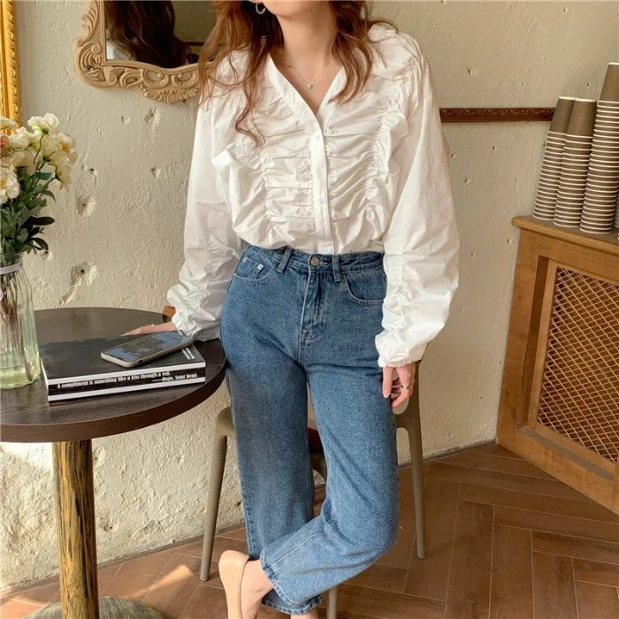 

Korean Chic French Minority Spring and Autumn Clothing Design Loose Pleated V-neck Top Casual Slimming All-Matching Shirt