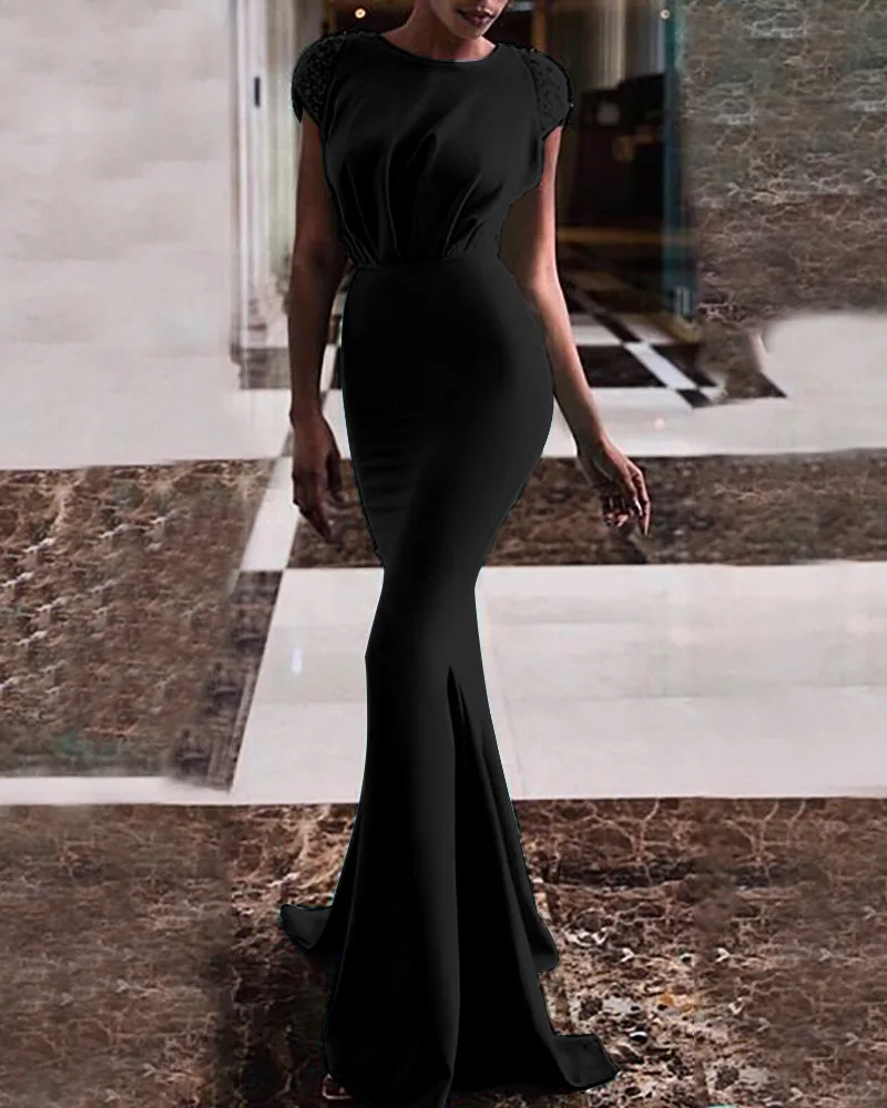 

2021 Summer New Dress Fashion Temperament Elegant Europe America Women's Solid Color High Waist Round Neck Short Sleeve Mermaid