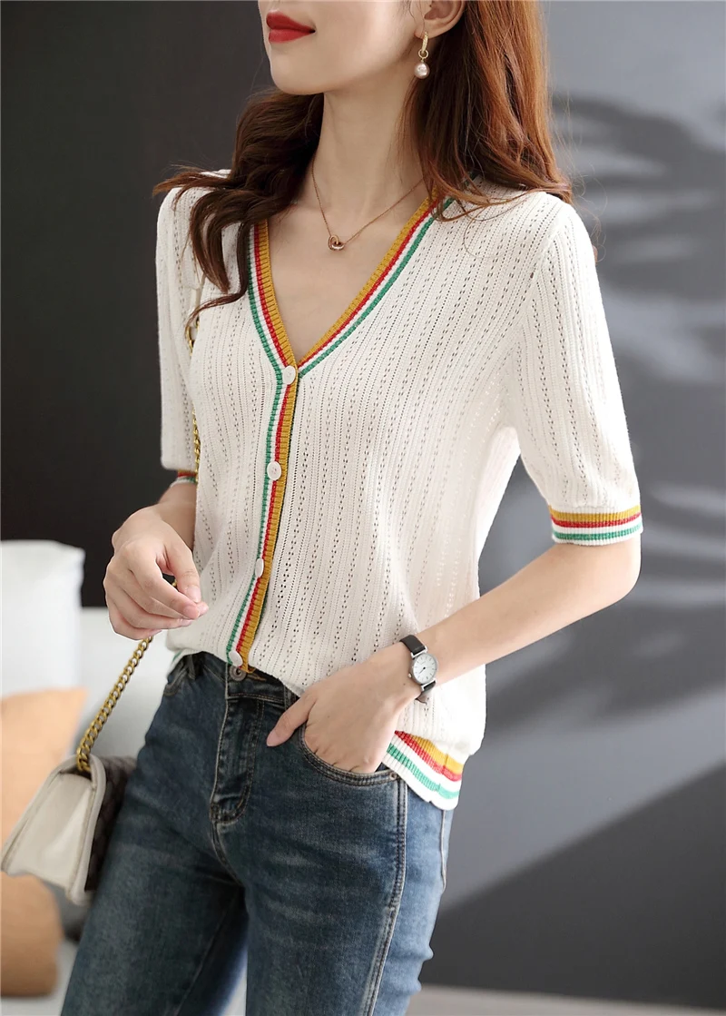 

2021 Special Offer 20641 (room 6, Row 3, No. 5) Real Color V Neckline Short Sleeve Knitted T-shirt [1575] 44