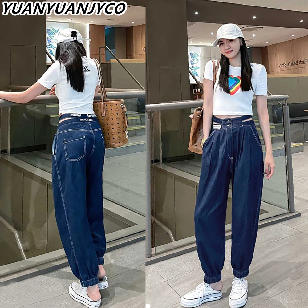 

YUANYUANJYCO, уличная одежда в Корейском стиле, мешковатые хлопковые шаровары, женские модные весенне-летние синие брюки с высокой талией