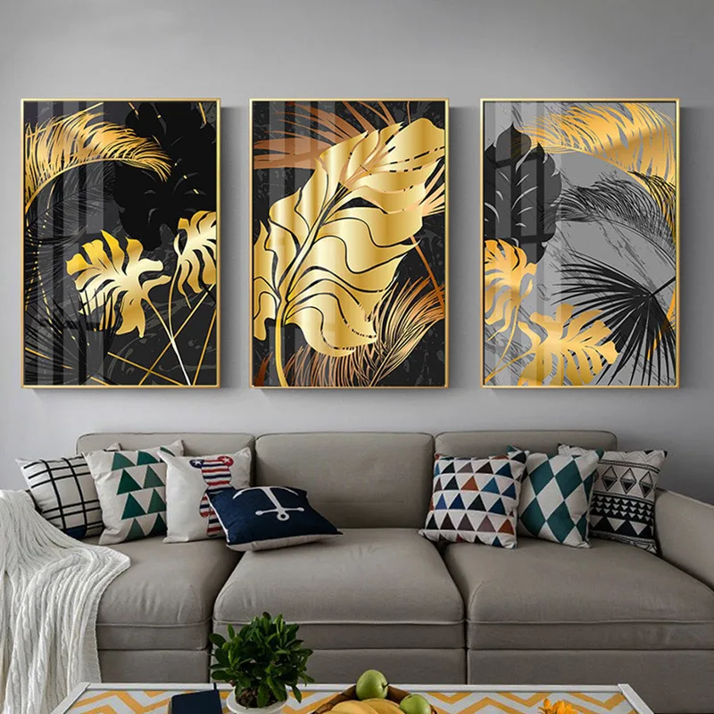 Плакат на холсте с изображением черных золотых листьев и растений в