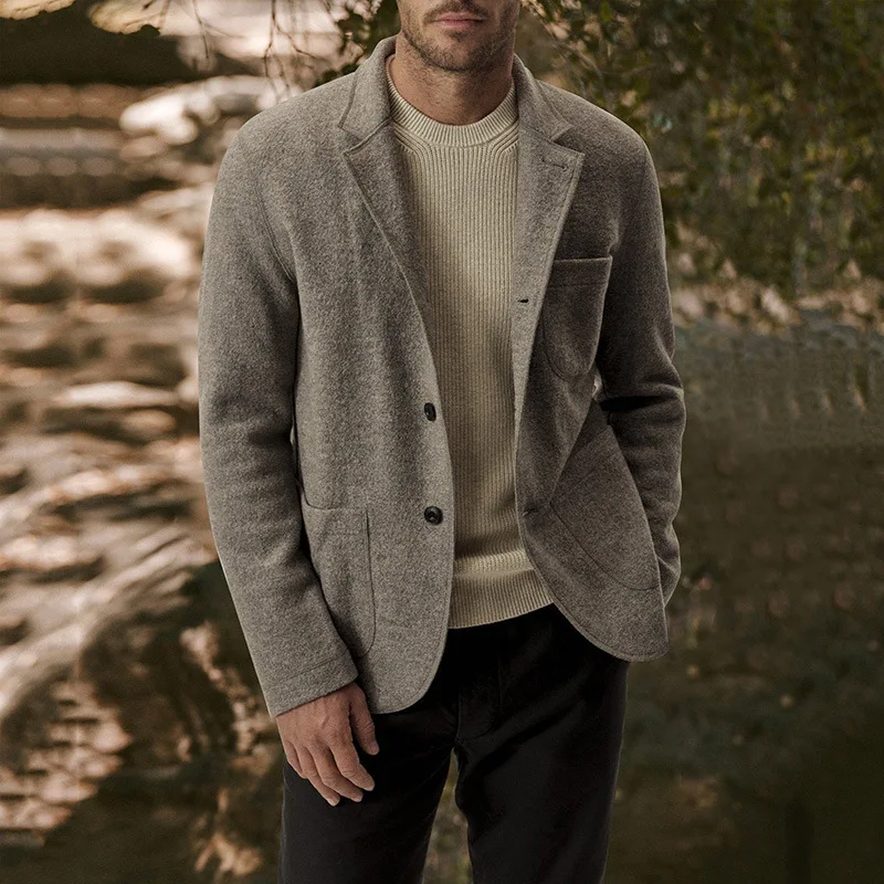 

Кардиган мужской на пуговицах, модная винтажная однотонная куртка с отложным воротником, пальто с длинным рукавом, повседневная верхняя од...
