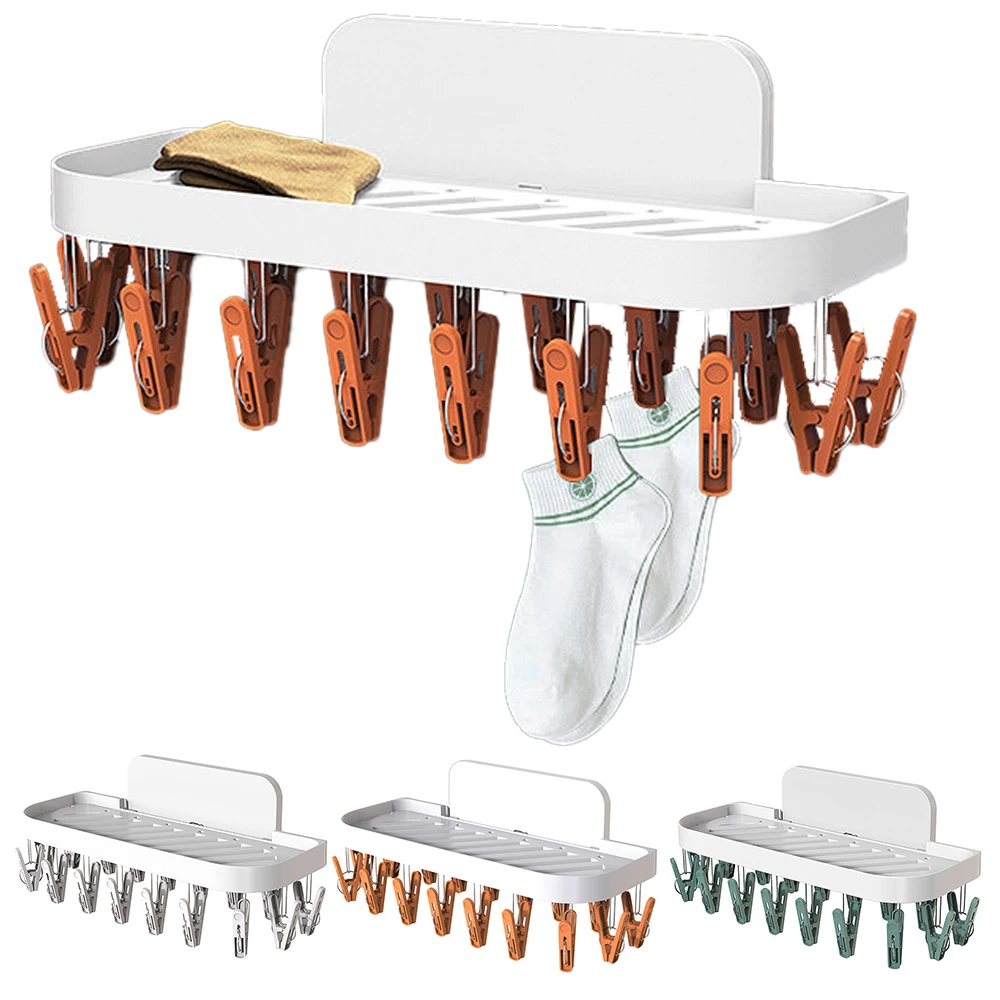 

Folding Socks Towels Cloth Hanger Rack Punch Free Wall Mounted 7 Clips Clothes Home Drying Rack Bathroom Closet Storage Hanger