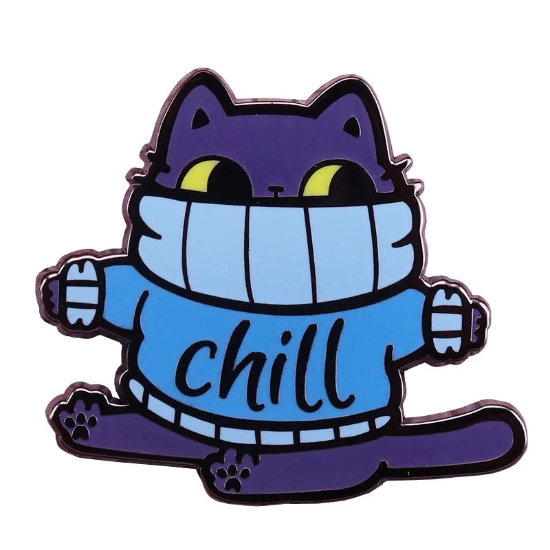 Chill fat cat твердая эмалированная булавка милый синий свитер брошь в виде кошки