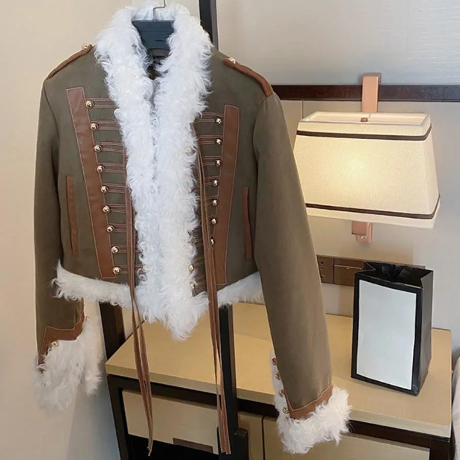 

autumn winter women sheep curls army green gold buckle open thread embroidered small cotton jacket padded