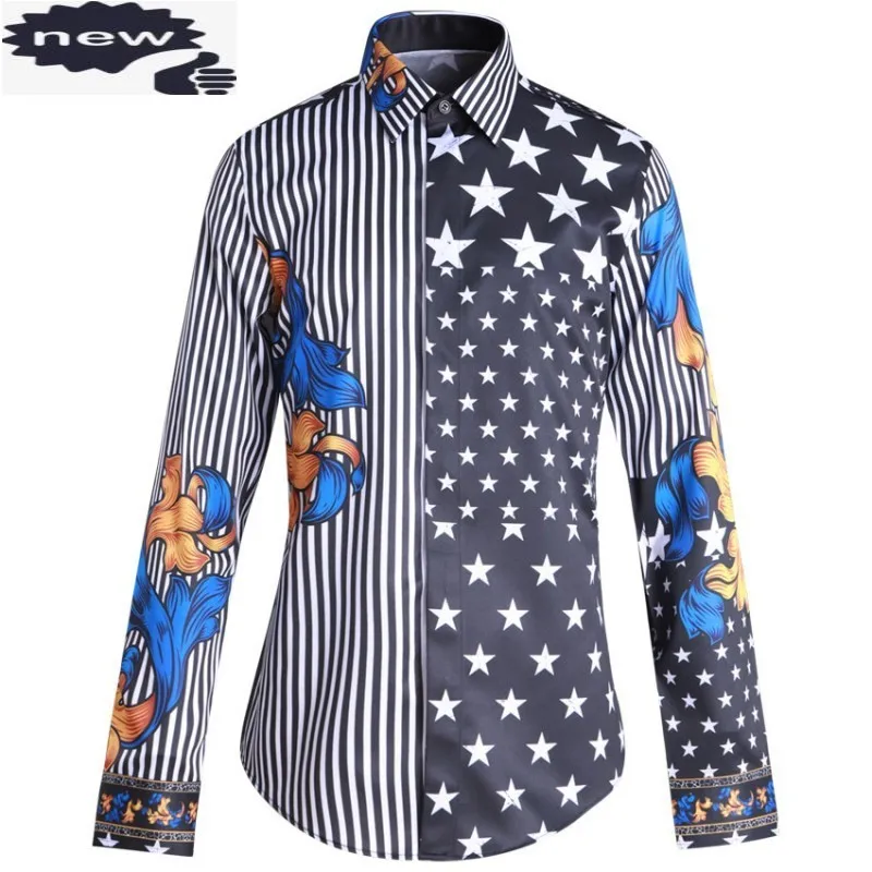 Fashion Personality Printed Male Shirt Striped Slim Fit Shirts Stars Patchwork Long Sleeve Tops Spring Casual Mens Clothes