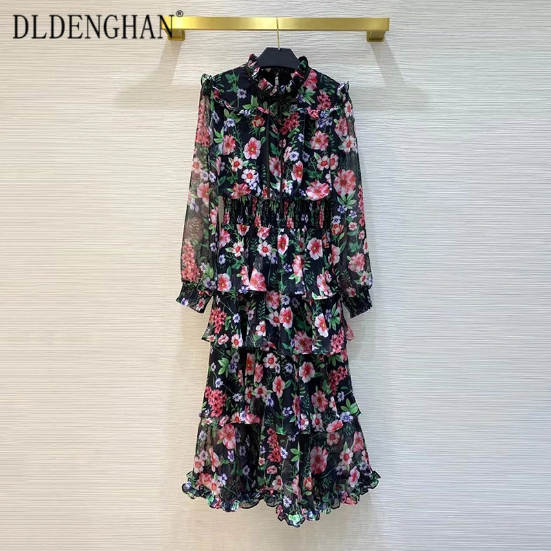 

Винтажное платье DLDENGHAN с цветочным принтом для женщин, шифоновые платья на шнуровке с воротником-стойкой, рукавами-фонариками и эластичной ...