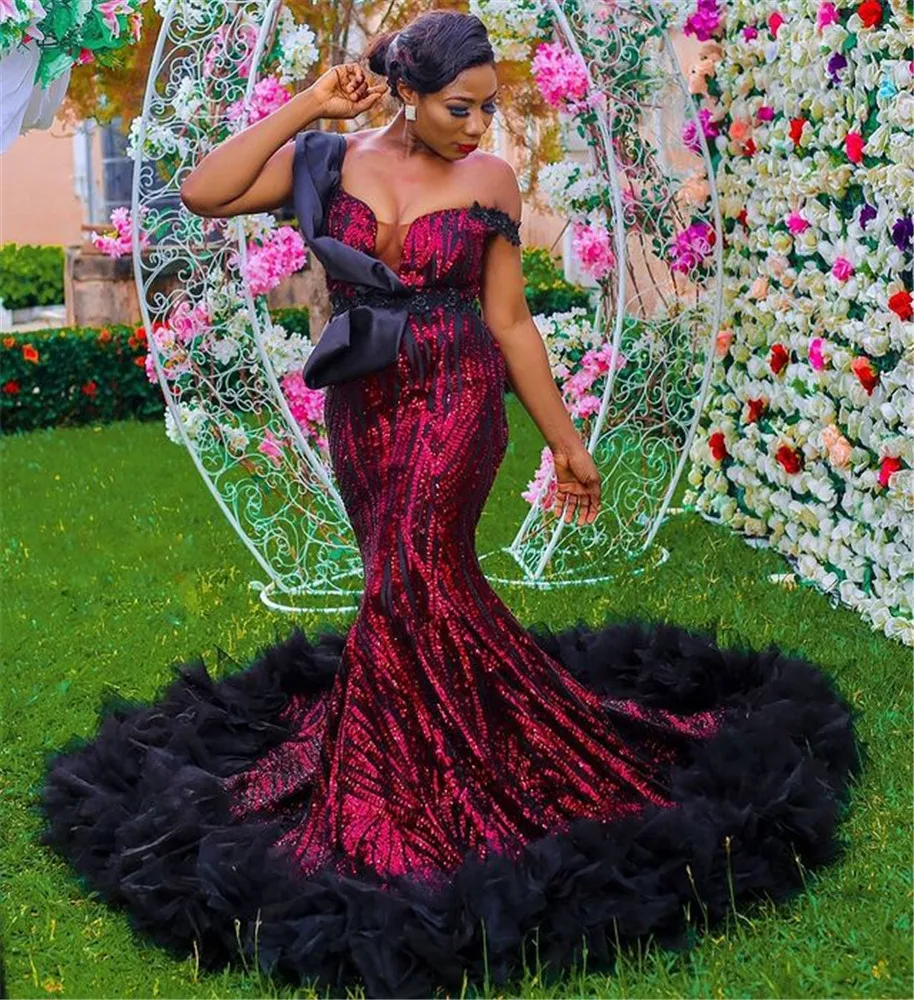

Arabic Mermaid Evening Dresses Sparkly Sequins African Prom Dress For Black Girls Off Shoulder Celebrity Flare Formal Dress
