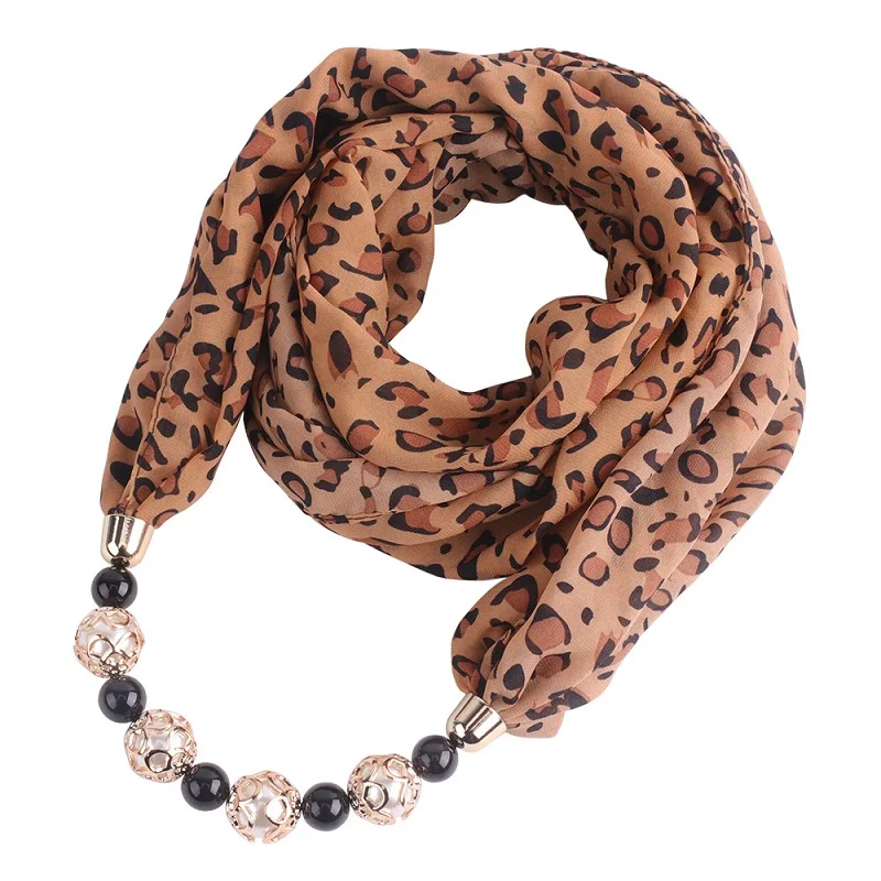 

Fashion Chiffon Scarves Spring Summer Female Pearl Necklace Pendant Bib Leopard Snake Animal Printed Scarf Ring Style