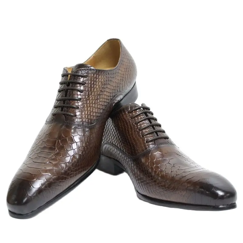 

Luxury Men Oxford Shoes Snake Skin Prints Classic Style Dress Leather Shoes Coffee Black Lace Up Pointed Toe Formal Shoes Men