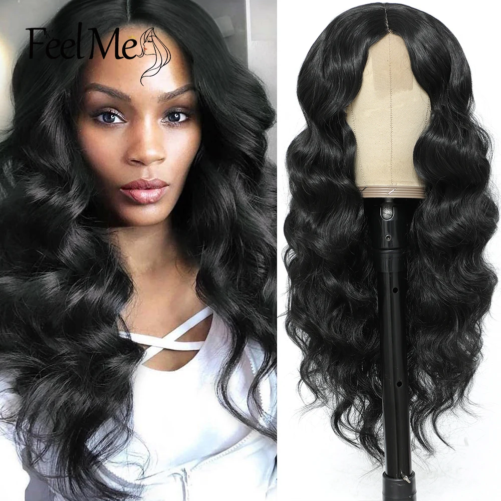 

FeelMe Body Wave Synthetic Lace Wig Long Wavy Synthetic Hair Extension Natural Black Wig For Black Women Daily Party Use 26 Inch