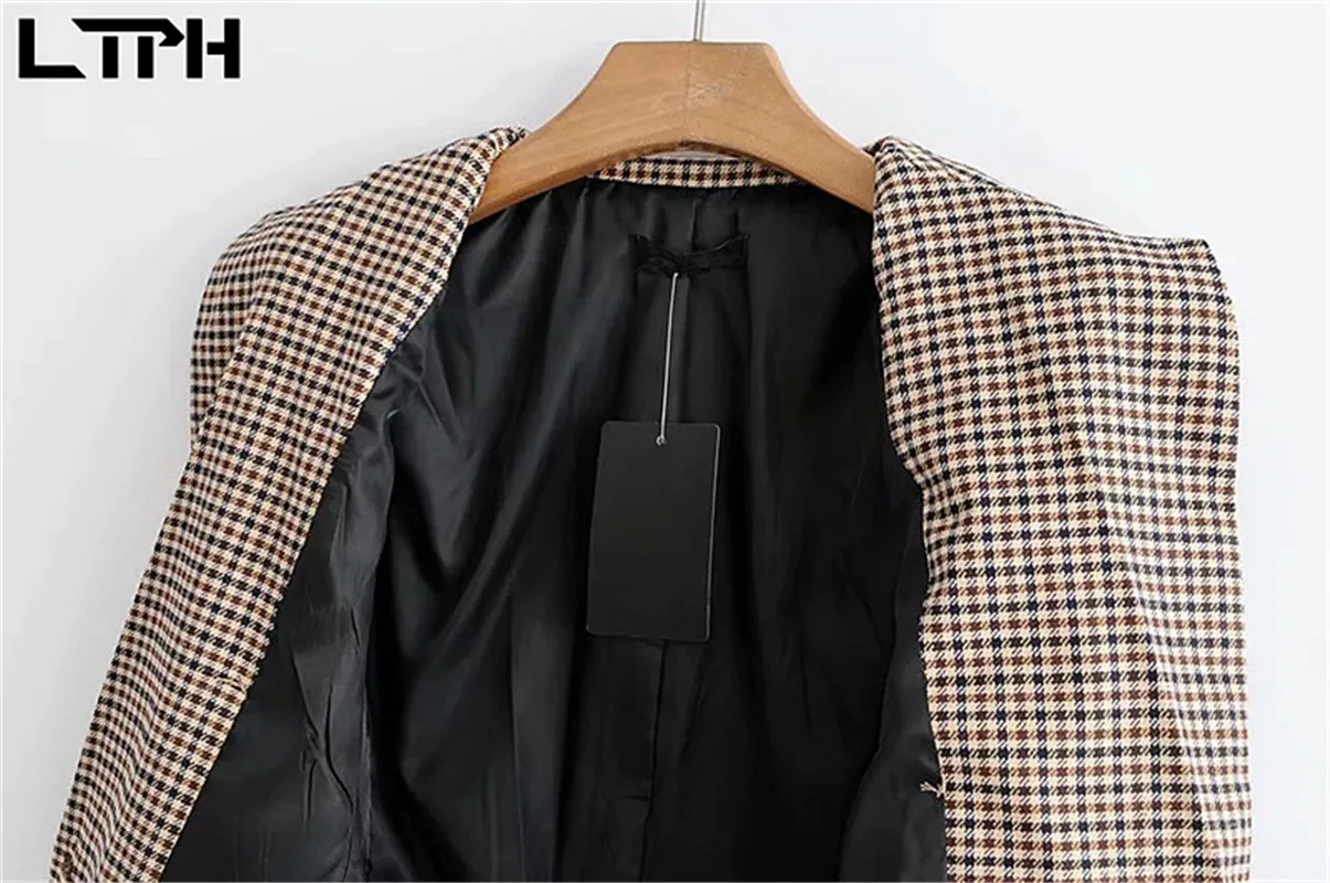 LTPH-Chaqueta a cuadros vintage para mujer, blazer elegante con doble botonadura, chaquetas informales, traje de manga larga, abrigo, primavera 2021
