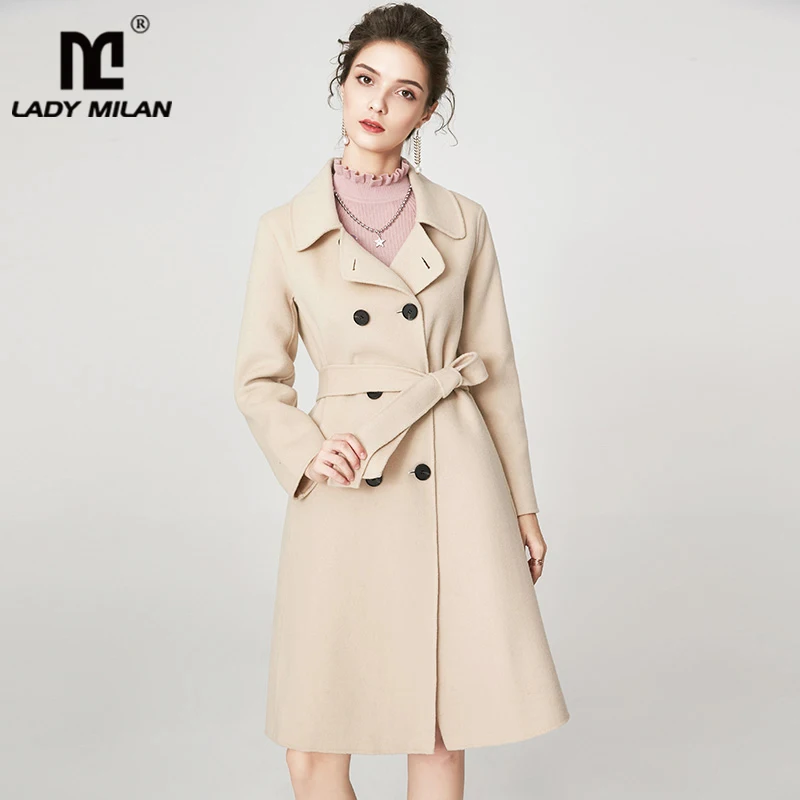 Женское подиумное пальто отложной воротник длинный рукав пояс двойной кашемир