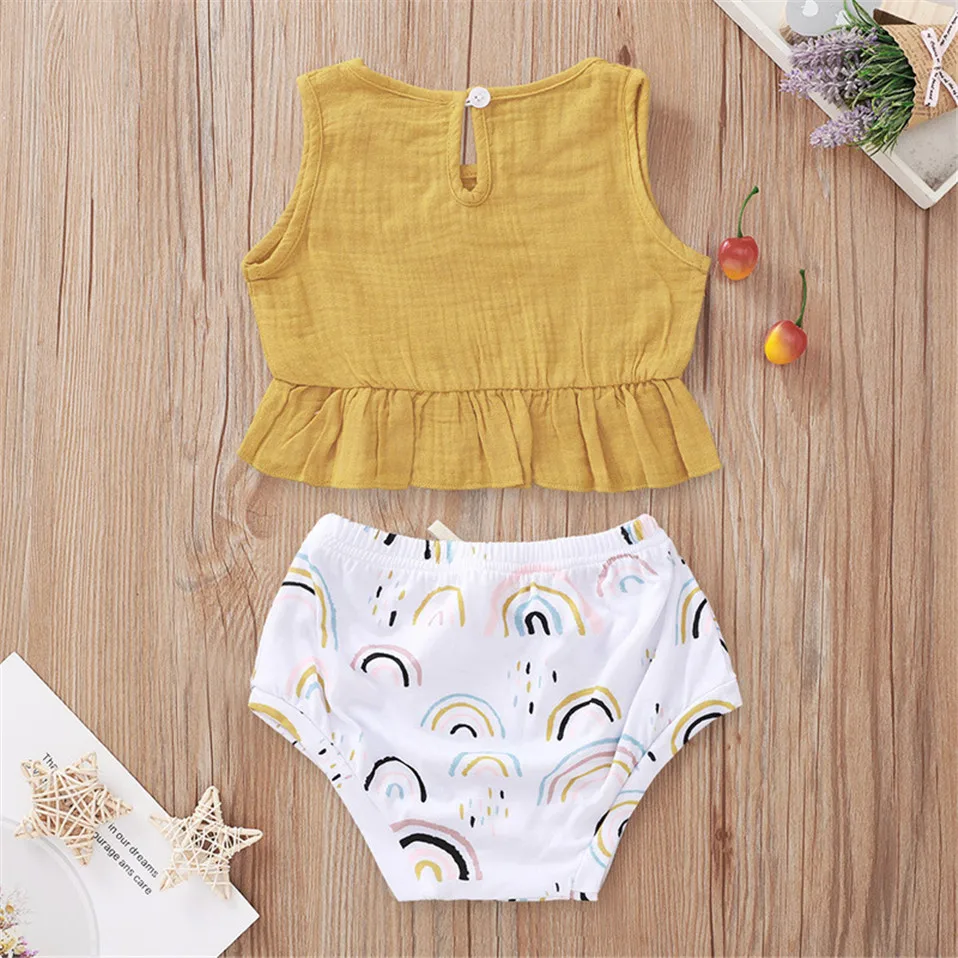 Летняя одежда для маленьких девочек топы с радужным принтом и оборками