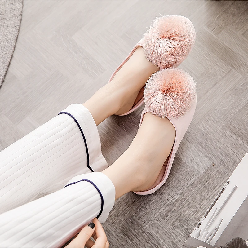 New autumn and winter tassel ball rubber sole indoor home slippers waterproof non-slip office slippers women