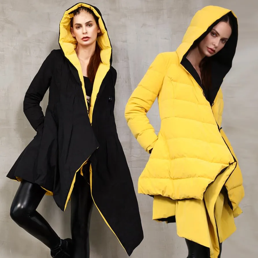 Женский Двухсторонний пуховик с капюшоном длинная парка на белом утином пуху 2018