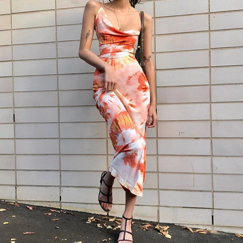

2021 Sexy Backless Lace Up Midi Dress For Woman Printed Summer Vestidos Club Party Dresses Female Spaghetti Strap Sundress