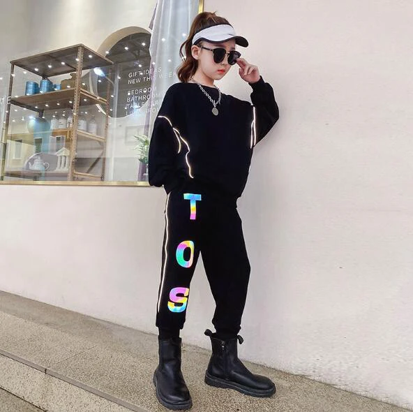 

Cultiseed Girl New Fashion Autumn Letter Reflection Striped Sets Suit Big Children Girls Sport Casual Set Kids Hip Hop Sets