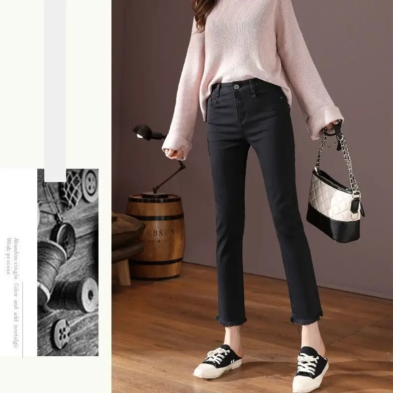 

Woman Jeans Pants Straight Autumn Winter High Waist Stretch Black