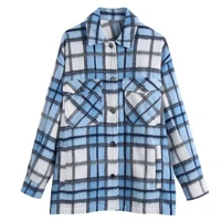2022 woman traf plaid jacket new lapel single breasted pocket check woolen coat female blouses oversize outwear