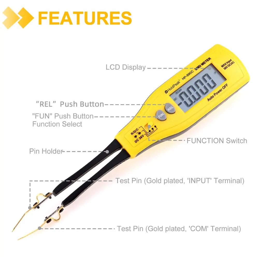 

HoldPeak SMD Multimeter HP-990C Auto Range Resistance Capacitance Diode LED Zener DCV Continuity Battery Tester Meter dropship