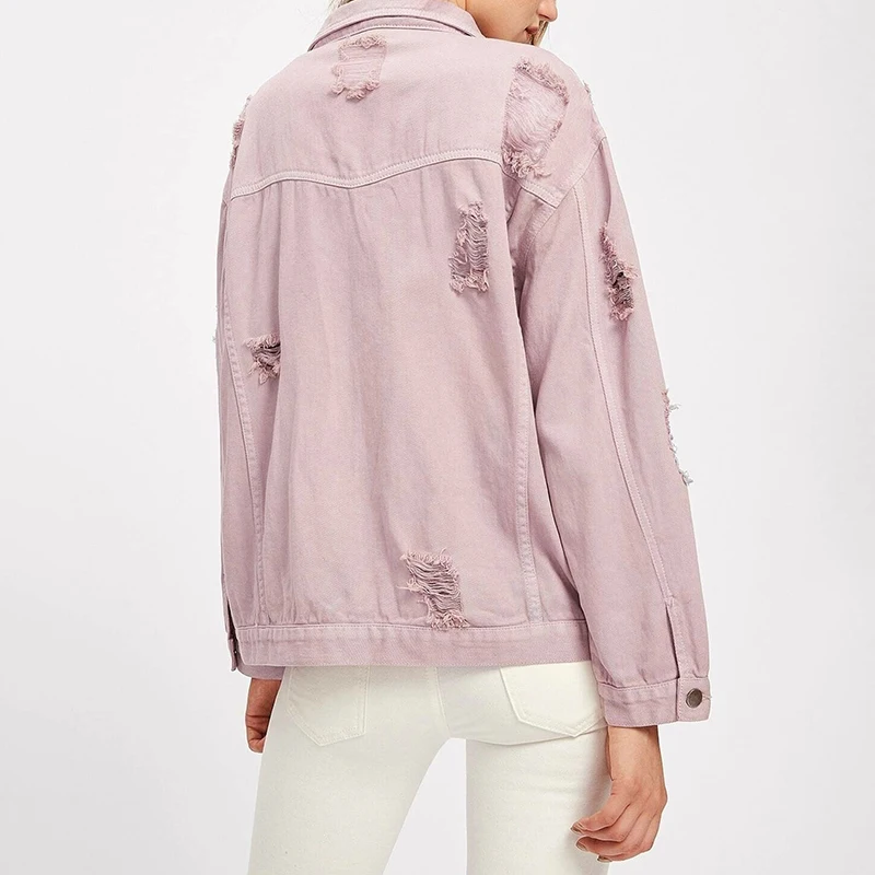 

GALCAUR Pink Jackets For Women Lapel Long Sleeve Hole Plus Size Casual Streetwear Denim Coats Female 2021 Autumn Clothing Style