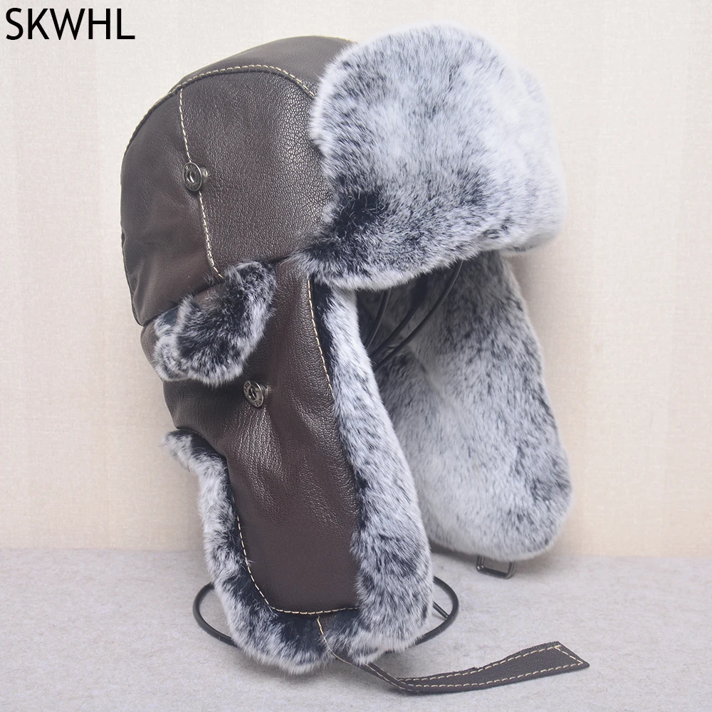

New Arrival Men 100% Natural Rex Rabbit Fur Bomber Hats Winter Russian Man Warm Real Sheepskin Leather Hat Male Real Fur Caps